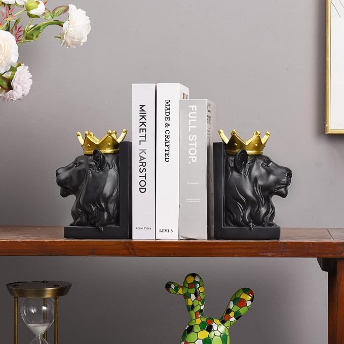 Kakizzy Book Ends Decorative, Lion Bookends for Shelves, Animal Book Stopper Decorative, Modern Book Ends for Heavy Books, Lion Figurines Statues Indoor, Unique Book Lover Gift(Black Lion)