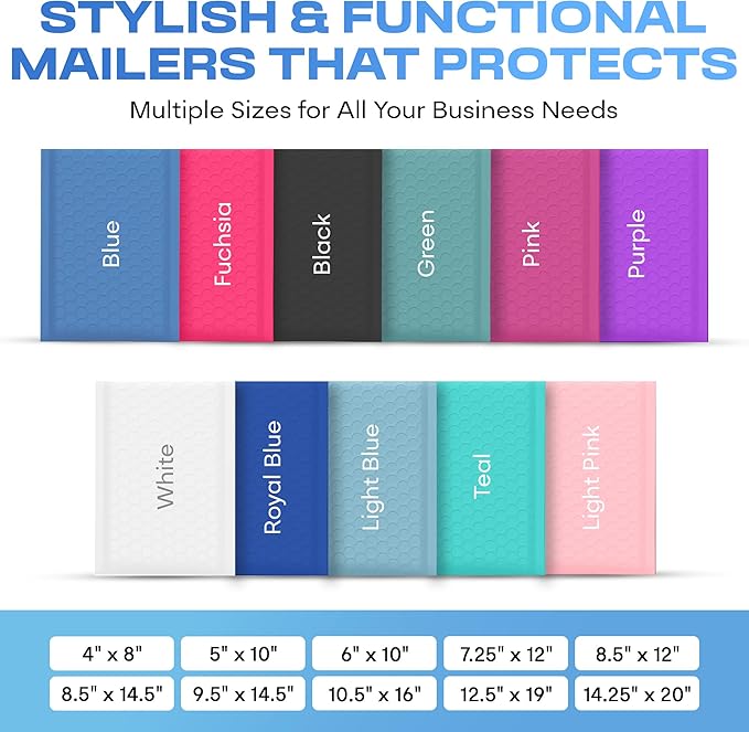 Light Blue Poly Bubble Mailers 7.25x12 inch #1 | Self Seal Padded Envelopes | Cushioned Bubble Mailer | Usable Size 7.25x11 | WaterProof | Lightweight mailing Shipping Bags | 200 Pack Bulk