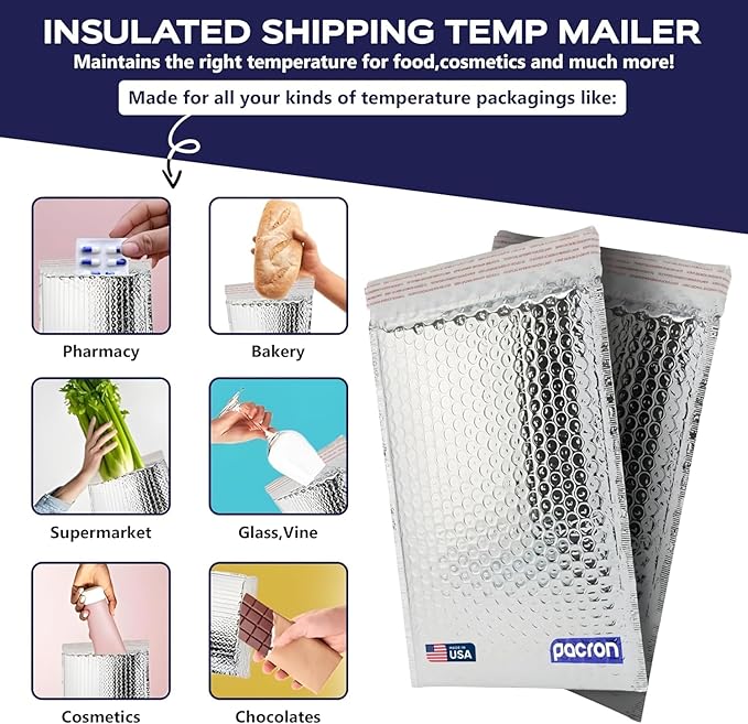Pacron 1000-Pack Insulated Silver Thermal Bubble Mailers 10 x 11 - Waterproof Metallic Foil Self-Sealing Padded Envelopes for Cold Shipping, Perishables, Food, Cosmetics, Pharmaceuticals