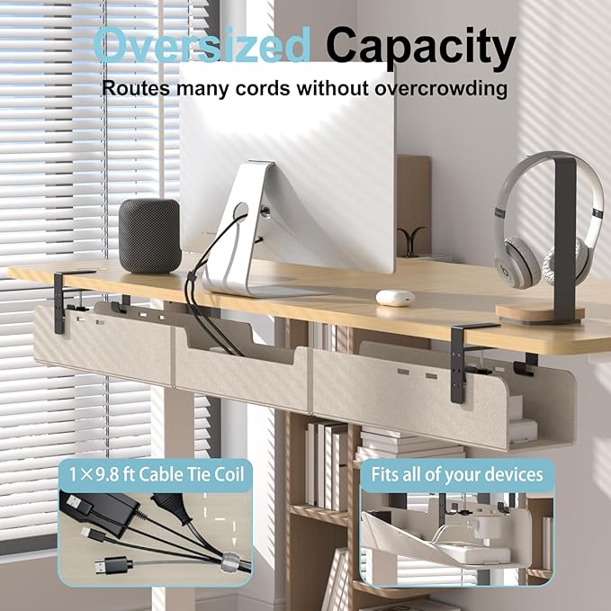 ERGO COLLECT Under Desk Cable Management Tray,No-Drill Upgraded Thickened Felt Cord Organizer with Clamp or Screw Mount,Cable Holder for Standing Desk,Home Or Office(Beige, 47.2")