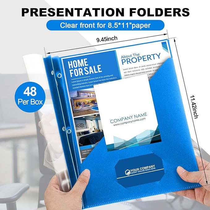Teling 48 Pcs Clear Front Report Covers with 3 Prongs, Plastic Blue Presentation Folders Bulk with 3 Pockets for A4 and Letter Size Paper, 90 Sheet Capacity, Document Covers for School Business
