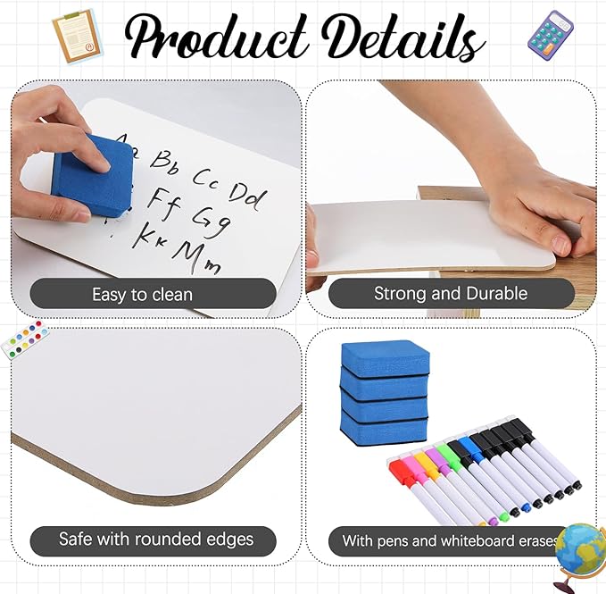Affrolling 6 Sets Small Whiteboard Dry Erase Boards 5" x7'' Mini Double Sided Dry Erase Lap Boards with Markers Erasers Pen Holders Personal Whiteboards for Students Classroom Teacher