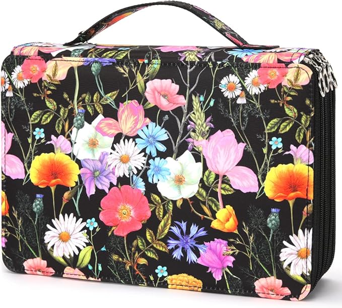 Vomgomfom Colored Pencil Case - 200 Slots Pencil Holder with Zipper Closure Twill Fabric Large Capacity Pencil Case for Watercolor Pens or Markers, Pencil Case Organizer for Artist (Black Flower)
