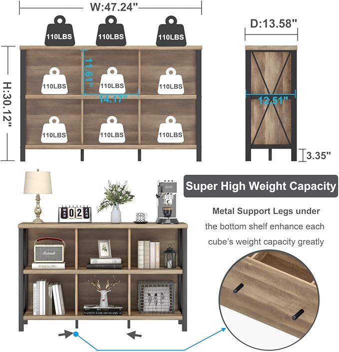 FATORRI 6 Cube Storage Organizer with Shelf, Long Wood and Metal Cubby Bookcase, Industrial Horizontal Bookshelf (Rustic Oak, 47 Inch) | with Shelf, Long, Horizontal Bookshelf