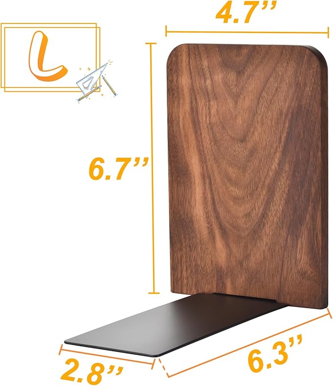 VIVTOB Book Ends, Black Walnut Wooden Bookends for Shelves - Heavy Duty Non-Slip Book Organizers, Upgraded Large Decorative Bookend Holders for Home, Kitchen, Office, Set of 2, Large