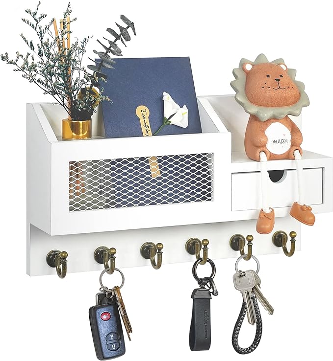 FifthQuarter Key and Mail Holder for Wall, Mail Organizer Wall Mount with 6 Hooks and Storage Drawer, Easy Installation Key Rack for Entryway and Home Decor (B-White)