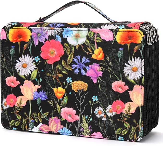 Vomgomfom Colored Pencil Case - 252 Slot Pencil Holder with Zipper Closure, Twill Fabric Large Capacity Case for Watercolor Pens or Markers, Organizer for Artists (Black Flower)