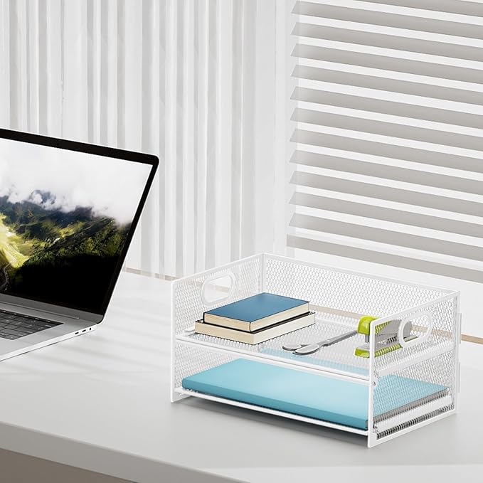 Marbrasse 2 Tier Paper Organizer Letter Tray, Mesh File Organizer with Handle, Paper Sorter Desk Organizer for Home Office Supplies - 2P White