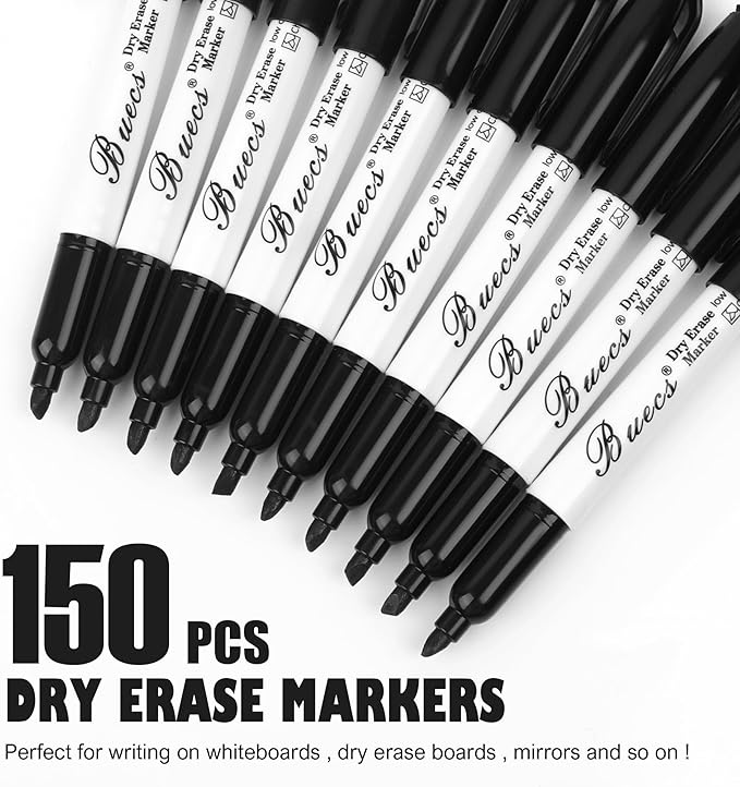 Buecs Black Dry Erase Markers, Low-Odor, 150 Count, Chisel tip, Perfect for Writing on Whiteboards, Dry-Erase Boards, Glass, School Office Supplies