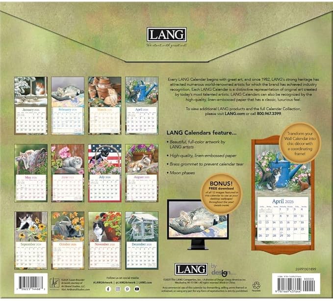 Lang Cats in the Country 2026 Wall Calendar – 13.4" × 12", 12-Month Calendar with Stapled Binding, Linen-Embossed Art by Susan Bourdet, Rural Feline Imagery
