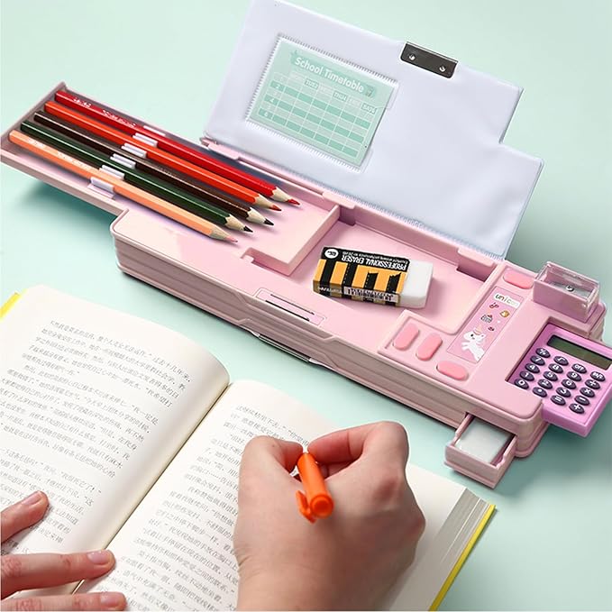 Ristpal Pop Up Multifunction Pencil Case, Cute Cartoon Pen Box Organizer Stationery with Calculators, Sharpener, Schedule, School Supplies, Best Birthday Gifts for Kids Teens (Pink)