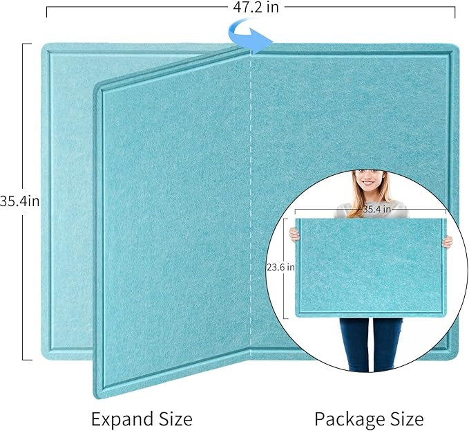 Large Bulletin Board - 48 x 36 Inches, Decorative Felt Pin Board for Wall - 4' x 3' Foldable Photo Display Board with Self-Adhesive Tape, Includes 20 Push Pins - Turquoise Blue