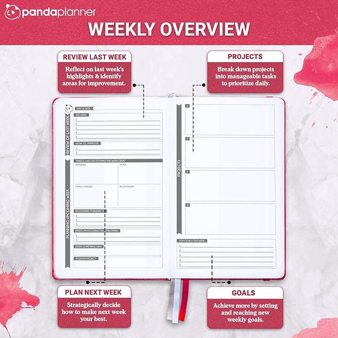 Panda Planner Classic Daily Planner 2026 – A5 Undated Daily Productivity & Quarterly Planner with Hourly Schedule, To Do List, Daily Journal, Goal Planner, Habit Tracker & Gratitude Organizer for Focus – Raspberry