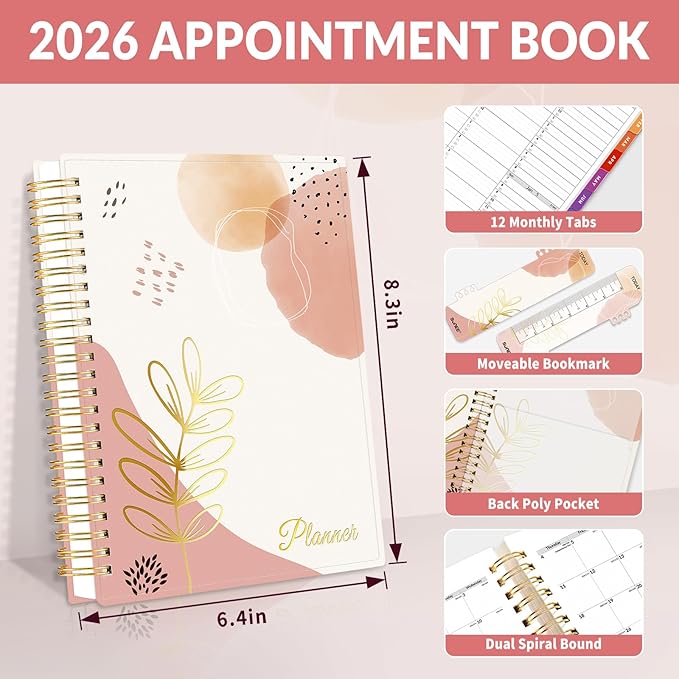 SUNEE 2026 Appointment Book, Quarter-Hourly, Weekly & Monthly - from January 2026 - December 2026, 6.4"x8.3" Weekly Planner, Flexible Cover, Note Pages, Pockets, Bookmark, Spiral Binding, Pink Breeze