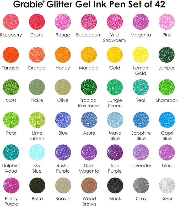 Grabie 42 Capped Glitter Gel Pen Set, 18 Iridescent&24 Essential Color Pens, Smooth Rollerball Tip, Metallic Sparkly Gel Pens for Coloring, Set of 42 Gel Pens Colored
