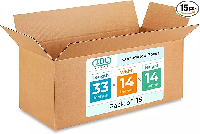 IDL Packaging B-331414-15 Large Corrugated Moving Boxes 33"L x 14”W x 14"H (Pack of 15) - Excellent Choice of Strong Packing Boxes for Moving or Relocating