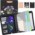 KLLVE Clipboard with Storage for Men Women, Leather Padfolio Portfolio with Zipper, 1 Inch 3 Ring Binder 5 Dividers, Notepad for Letter Size, Elastic Closure and Pen Loop, Card Slot Black Flower