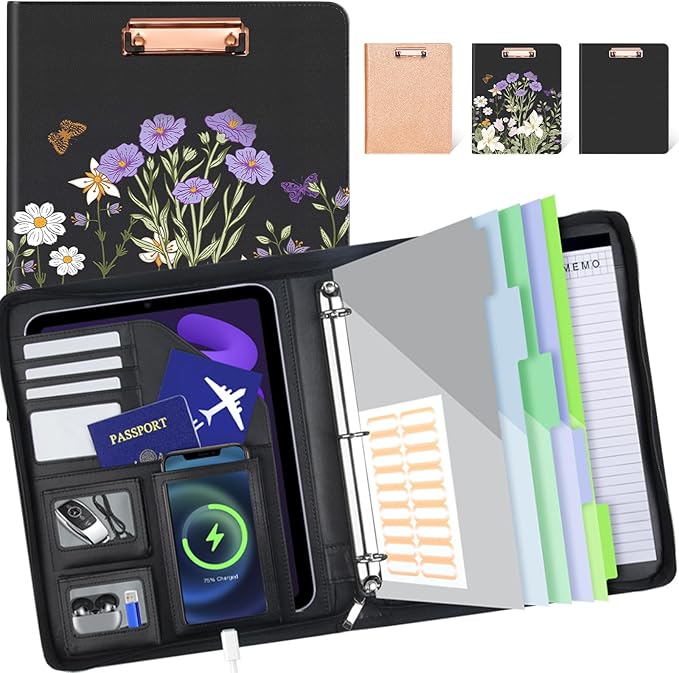 KLLVE Clipboard with Storage for Men Women, Leather Padfolio Portfolio with Zipper, 1 Inch 3 Ring Binder 5 Dividers, Notepad for Letter Size, Elastic Closure and Pen Loop, Card Slot Black Flower