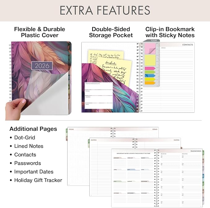 Essential PRO 2026 Daily, Weekly & Monthly Planner, 8.5"x11": 14 Months (Nov 2025 - Dec 2026) Monthly Tabs,Daily Tracking,Notes Pages,Storage Pocket,Bookmark w Sticky Notes (Pastel Peacock)