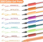 LANRENWENG 400 Pack Gel Pens for Adult Coloring Books, 200 Colored Gel Pen Include 200 Refills with 40% More Ink,Glitter Gel Pens Set for Coloring Books Drawing Journaling Scrapbook Art Supplies