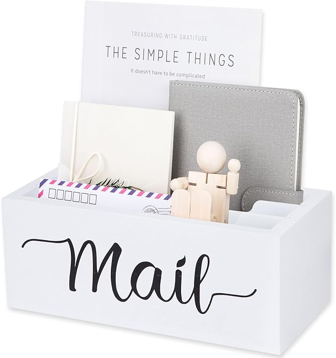 Desk Mail Organizer, Mail Organizer Countertop with 3 Slots, Wood Desk Mail Storage Box, Envelop Holder for Home Office (White-3 Slot)