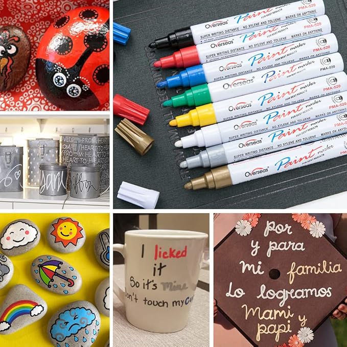 Overseas Paint Marker Pens - 8 Colors Oil Based Permanent Markers, Waterproof, Quick Dry, Medium Tip, Assorted Color Paint Pen for Metal, Wood, Fabric, Plastic, Rock Painting, Canvas, Glass, Art Craft