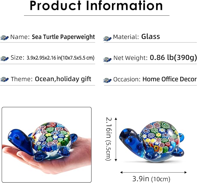 EUSTUMA Hand Blown Glass Sea Turtle Figurines Paperweight,Sea Animal Ornament for Home Decor,Sea Animals Collection for Birthday Gift,Glass Tortoise Sculpture