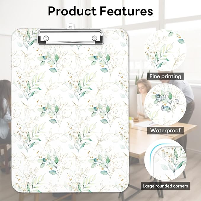 Luminzo Plastic Cute Clipboard Low-Profile Metal Clip, A4 Letter Size 9 x 12.5 in, 8.5 x 11 Paper Clip Board for Teachers, Nurses, Classroom,Green Leaf