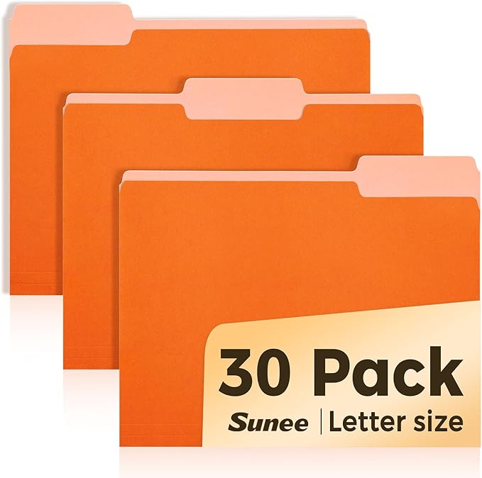 SUNEE File Folders, 30 Pack Manilla Folders 8.5 x 11, Colored File Folders Home Office School Supplies for Documents Files Paper, Orange