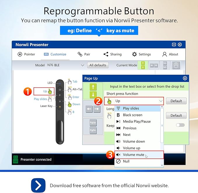 Norwii Rechargeable Bluetooth Presentation Clicker with Green Pointer, Wireless Presenter, PowerPoint Presentation Remote, Slide Clicker with 328ft Range for Teacher and Presenter, macOS Applicable