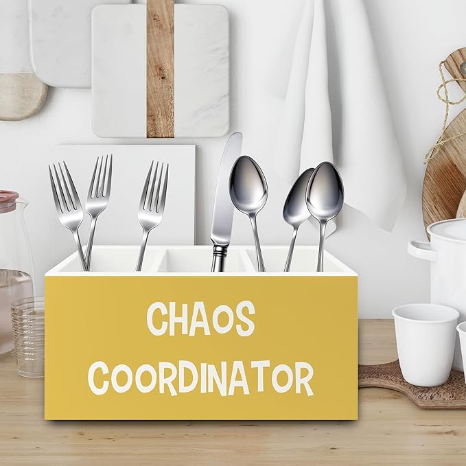 XPH Chaos Coordinator Yellow Pen Pencil Holder Organizer for Desk, Thank You Gifts for Women Men Coworkers Boss Leader Manager, Appreciation Gifts Wooden Box Sign for Office Tabletop Decorations