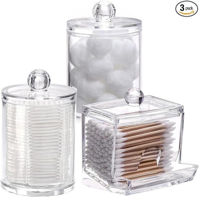 Tbestmax Bathroom Organizer Accessories Set-10 OZ,7 OZ Qtips Holder Storage with Clear Plastic Lids, Cotton Ball/Swabs Dispenser, Apothecary Container Jar 3 Pcs