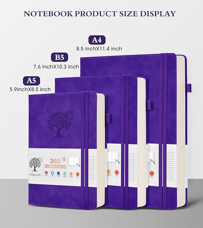 PERCUN B5 Lined Journal Notebook - 365 Page Large Leather Journals for Writing Women Men，Hardcover Notebook with 100Gsm Thick Pages，Daily Diary for Travel, Work，School，College Ruled (7.6" x 10.3")