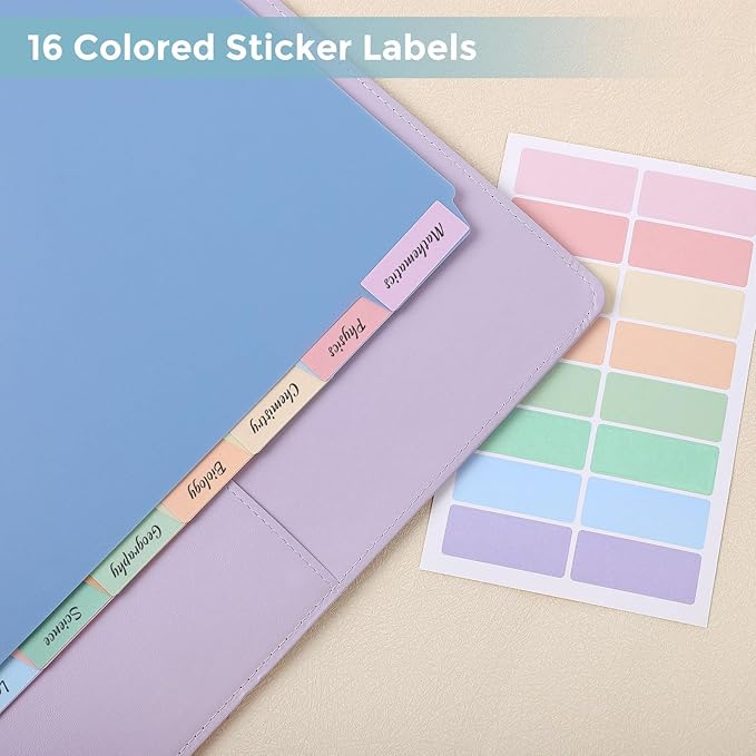 SKYDUE Durable Plastic 8-Tab Dividers, Big Tab Dividers for 3 Ring Binder, Write & Erase 3 Ring Binder Dividers with Tabs, with Sticker Labels, 1 Set, Pastel Color
