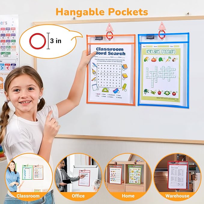 GAMENOTE 55 Pack Dry Erase Pockets with 5 Rings, 11 Assorted Colors 10x14 Oversized Reusable Plastic Sleeves, Clear Sheet Protectors, Teacher Supplies for Classroom Organization