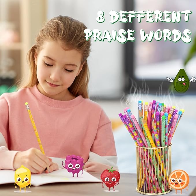 Leinuosen 30 Pcs Scented Pencils Bulk for Kids Inspirational Cute Fun Wood Smelly Pencils with Erasers Fruit Elements for School Classroom Office Students
