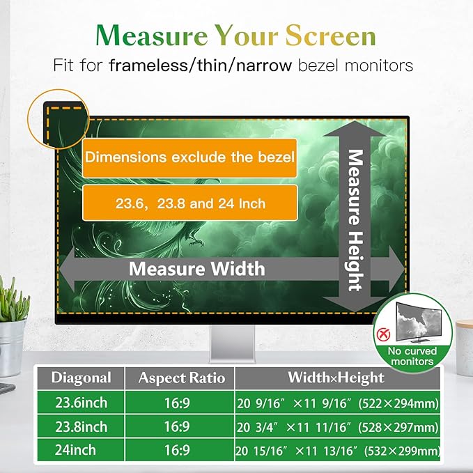 Magnetic Computer Privacy Screen Filter 24 Inch for Frameless Monitor Thin Bezel 16:9 Widescreen, 24in Hanging Removable Anti Glare Blue Light Eye Protection Shield, Anti Spy Protector Panel