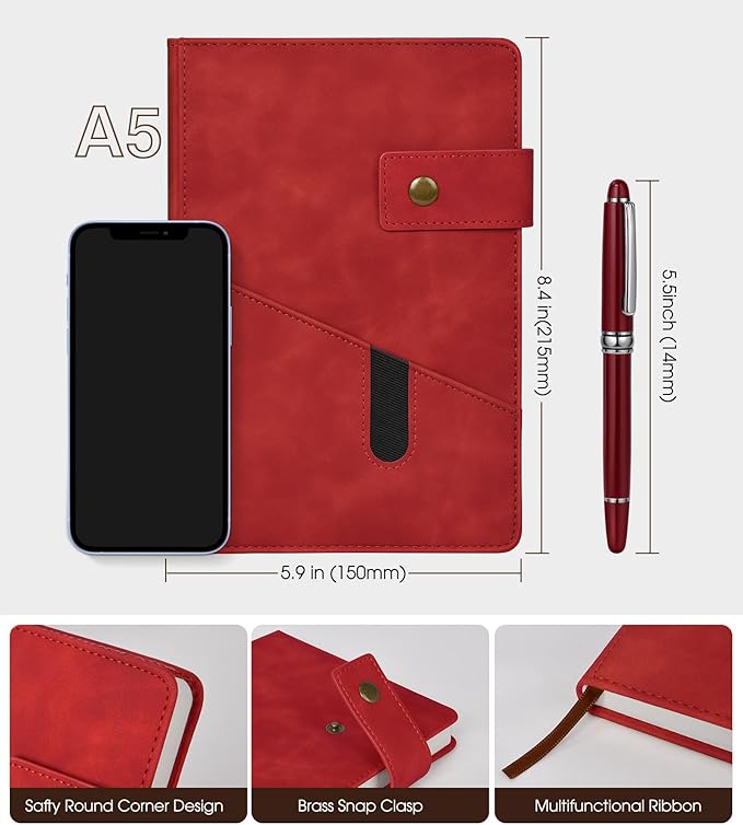 vfaejll Red A5 Lined Leather Journal Notebook for Men Women,5.9" X 8.4" Personalized Hardcover Journal with Pen,200 Pages 100 Gsm Thick Ruled Paper Daily Diary for Travel,Business,Work,Writing