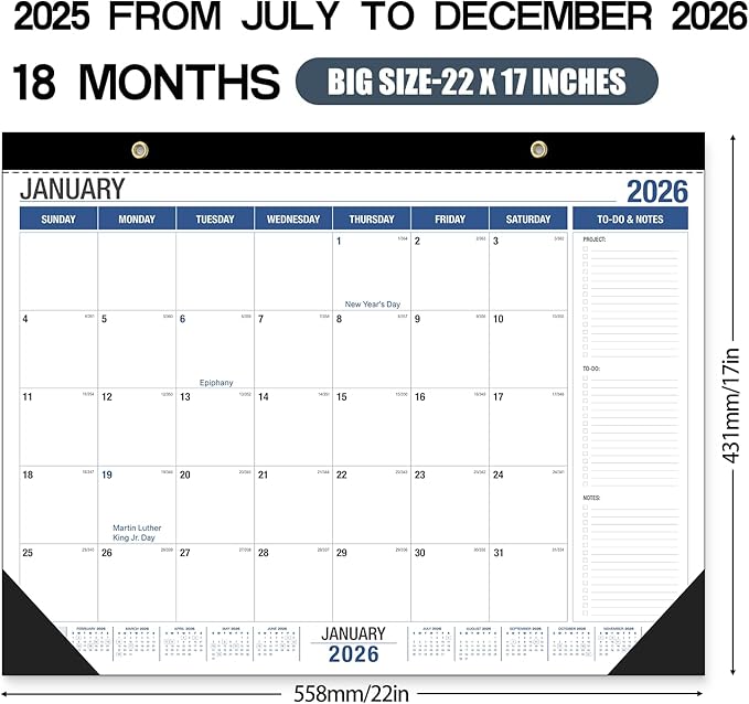 Desk Calendar 2026-2027, With 2 sticker, 18 Month Calendar Running to June 2027-22" x 17" Desktop/Wall Monthly Calendar for Homeschool or Office