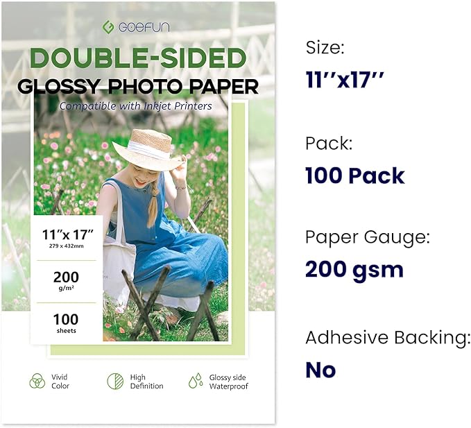 Double Sided 11x17 Glossy Photo Paper, Goefun 200 GSM/54 LB Inkjet Photo Paper for Dye Ink, 100pack