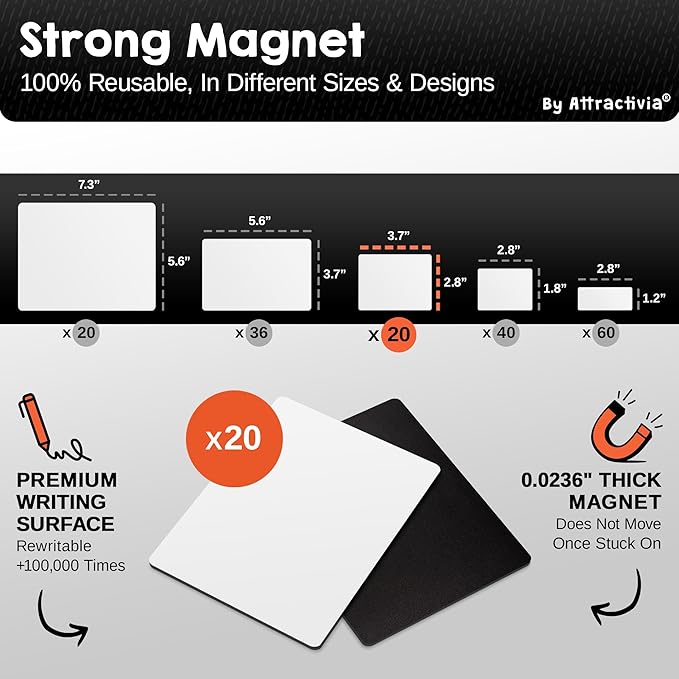 Attractivia Dry Erase Magnetic Labels 3.7 x 2.8 in, Medium Dry Erase Magnets, 20-Pack, White Erasable Write-On All-Purpose Labels, for Office, Education, Home, Whiteboard