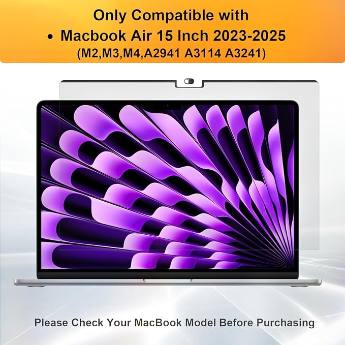 Privacy Screen for MacBook Air 15 Inch 2023-2025 (M2 M3 M4 Chip), Magnetic Removable Anti Glare Blue Light Filter Protector