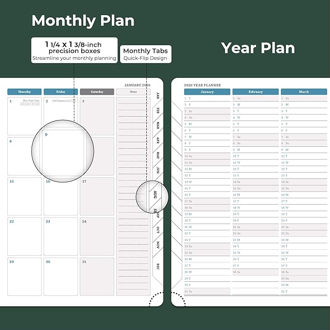 IN-LUXPRO Planner 2026 Daily Weekly and Monthly,11.5"x8.5",12 Months Spiral Bound Calendar Agenda with Self-adhesive Pen Holder,2026 Appointment Book with Vegan Leather Soft Cover,Green