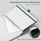 AHGXG Bullet Dotted Journal - 150 GSM Dot Grid Notebook Journal, Thick Acid-Free Paper, A5 Dotted Notebook 128 Pages, Leather Hardcover, Inner Pocket, Journal Stencil, 5.7'' × 8.3'' - Green