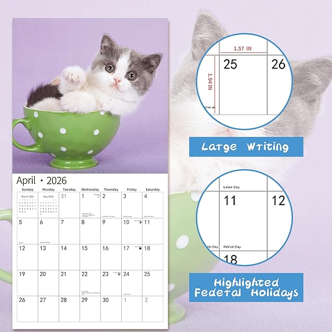 2026 Wall Calendar,Calendar 2026, November 2025 - December 2026, Wall Calendar Baby Kitten, 12" x 24" Opened,Full Page Months Thick & Sturdy Paper for Calendar Organizing & Planning