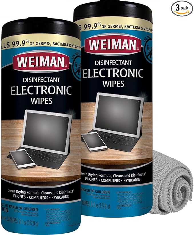 Weiman Electronics & Screen Disinfecting Wipes - Safely Clean and Disinfect Your Phone, Laptop, Keyboard, Tablets, Lens, Wipe, Glasses Cleaner, 30 Count, 2 Pack with MicroFiber Towel