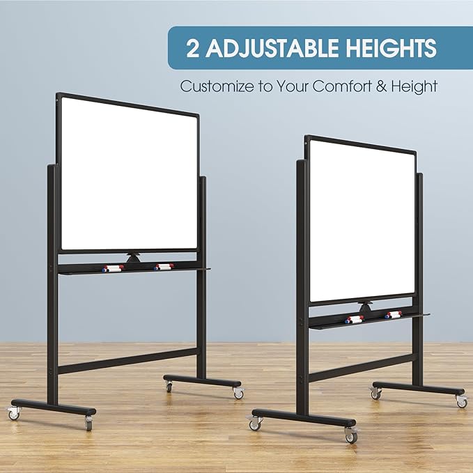 MaxGear Large Black Rolling Whiteboard on Wheels, 48" x 32" Double-Sided Magnetic Dry Erase Board with Stand, Reversible Standing Whiteboard Easel with Aluminium Frame for Office, School, Black