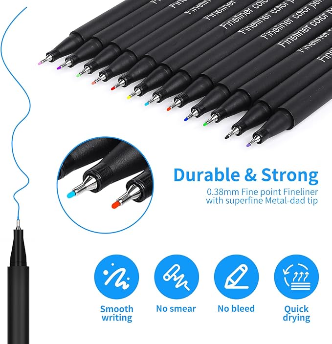 huesamhi 24 Fineliner Pens Set 0.4mm Ultra Fine Tip Drawing Markers for Adult Coloring Books, Bullet Journaling Art No Bleed Professional Color Pens with Vibrant Inks Artist