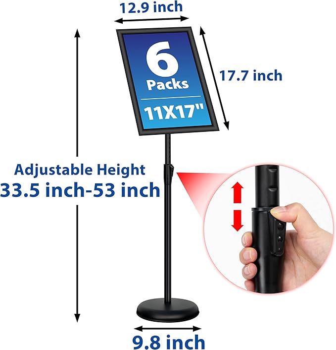 VAIIGO 6Packs 11x17 Inch Adjustable Pedestal Poster Sign Stand, Heavy Duty Floor Standing Sign Holder Stand Aluminum Snap Open Frame for Vertical and Horizontal View Sign Displayed(Black)