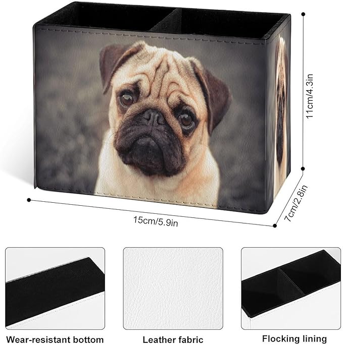 Famame 3D Pug Dog Puppy Pencil Holder for Desk, Leather Desktop Container Pen Cup Storage Study Table Pen Organizer Makeup Brushes Holder for Office Home